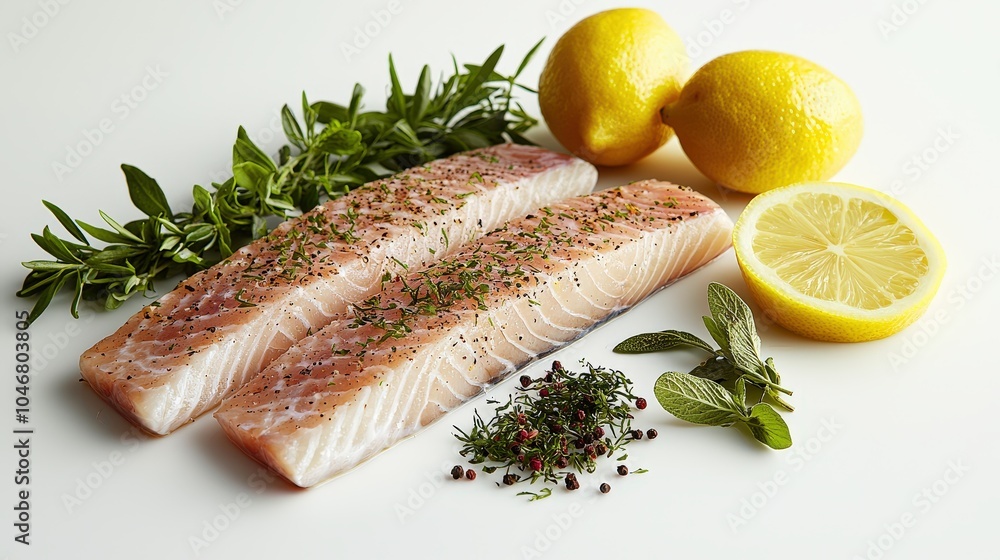 A beautiful arrangement of raw fish fillets, lemon halves, and a mix of fresh herbs on a clean white surface, highlighting the ingredients' vibrant colors and natural appeal. A beautiful arrangement of raw fish fillets, lemon halves, and a mix of fresh herbs on a clean white surface, highlighting the ingredients' vibrant colors and natural appeal.