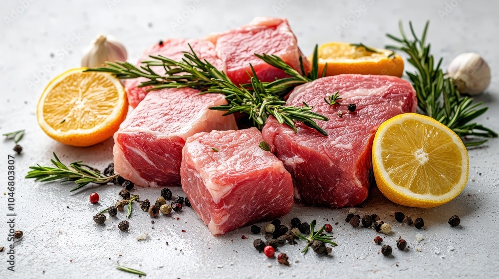 A beautiful arrangement of raw pork loin and beef sirloin on a bright white surface, capturing the essence of texture and color for cooking ideas.