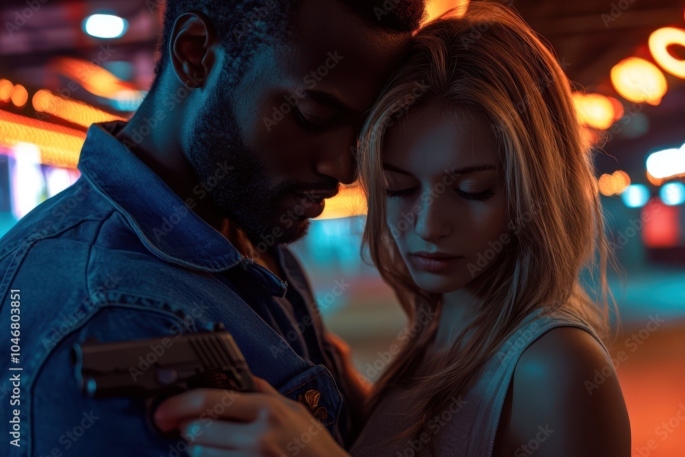 A man and a woman are hugging each other in a dark room A man and a woman are hugging each other in a dark room
