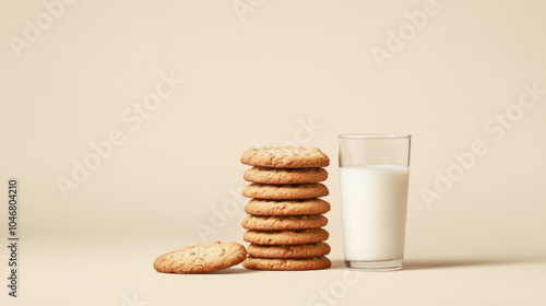 Stack of freshly baked cookies with a glass of milk on neutral background photo