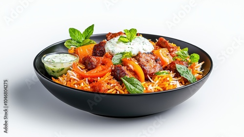 A beautifully plated serving of Indian biryani with fragrant spices, accompanied by raita and presented on a clean white background for contrast.