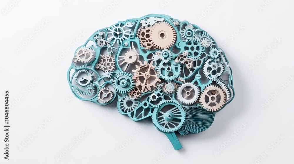 Intricate brain structure composed of mechanical gears, representing the fusion of technology and creativity, clean background for futuristic AI concepts Intricate brain structure composed of mechanical gears, representing the fusion of technology and creativity, clean background for futuristic AI concepts