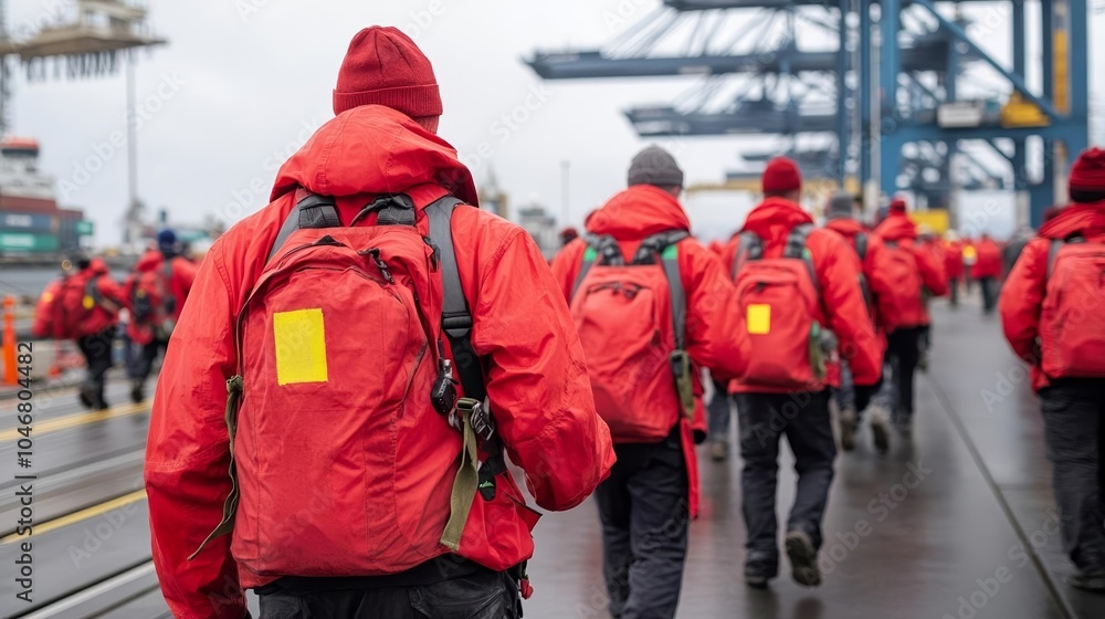 Longshoremen demonstrating at port under overcast skies, unified in red jackets, powerful visual of labor strike and industrial action amidst shipping cranes Longshoremen demonstrating at port under overcast skies, unified in red jackets, powerful visual of labor strike and industrial action amidst shipping cranes