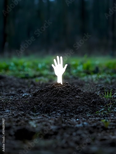 Ghostly hand glowing faintly in the dark pushing out of freshly dug grave dirt in an abandoned cemetery creating an eerie supernatural and haunting scene photo