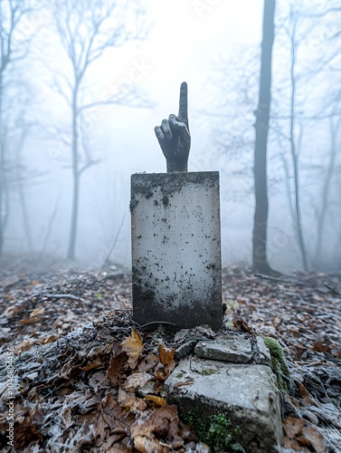 Decrepit hand reaching out from an ancient weathered tombstone in a gloomy fog enveloped graveyard surrounded by decaying leaves and a sense of haunting supernatural mystery  This evocative photo