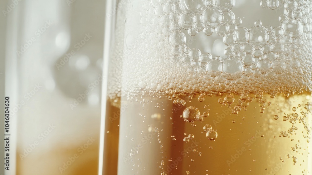 Close-up of foamy, bubbly golden liquid in glasses Close-up of foamy, bubbly golden liquid in glasses