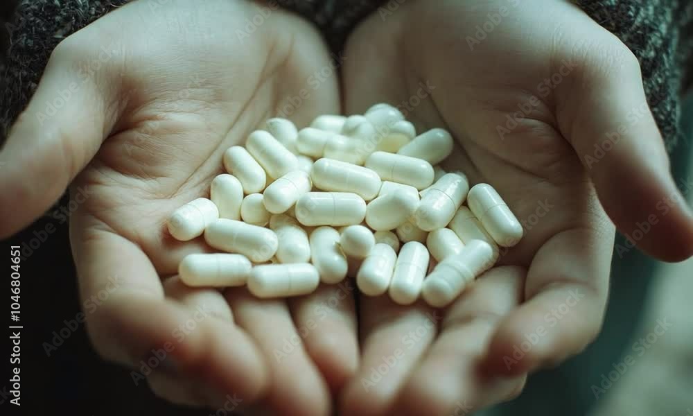 Hands holding a collection of white capsules. Hands holding a collection of white capsules.