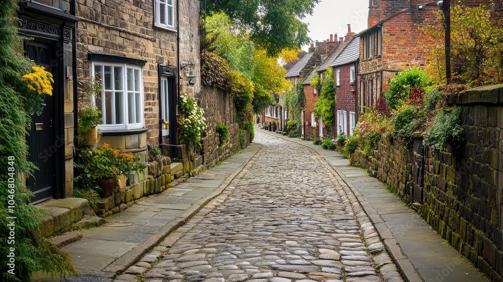 Fototapeta premium Quaint, stone-paved street adorned with greenery and historic buildings