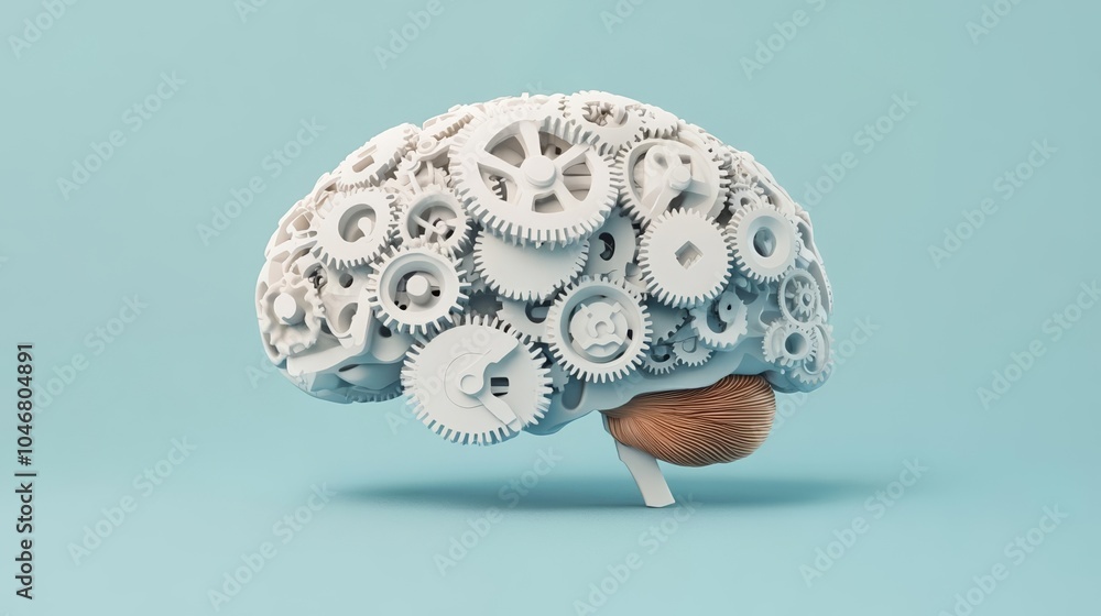 3D-rendered brain constructed from complex cogs and wheels, symbolizing productivity and efficient thinking, minimalist design for modern tech visualizations 3D-rendered brain constructed from complex cogs and wheels, symbolizing productivity and efficient thinking, minimalist design for modern tech visualizations