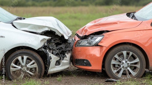 Car Collision with Crumpled Hoods on a Rural Road