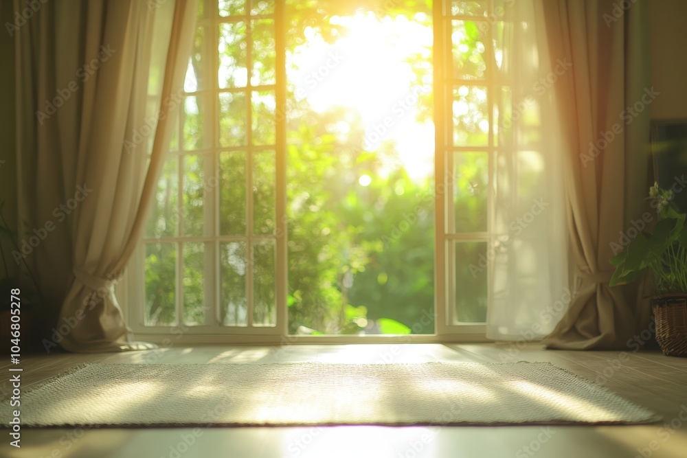 Sunlight streaming through a window with curtains, illuminating a light-colored rug on the floor. Sunlight streaming through a window with curtains, illuminating a light-colored rug on the floor.