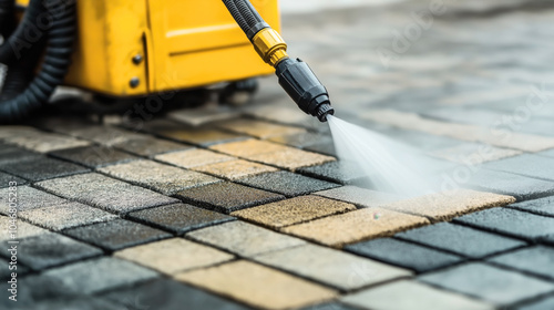 Close-up of a high-pressure washer cleaning a paved surface. The water jet is being applied to remove dirt and grime from the multicolored stone tiles.