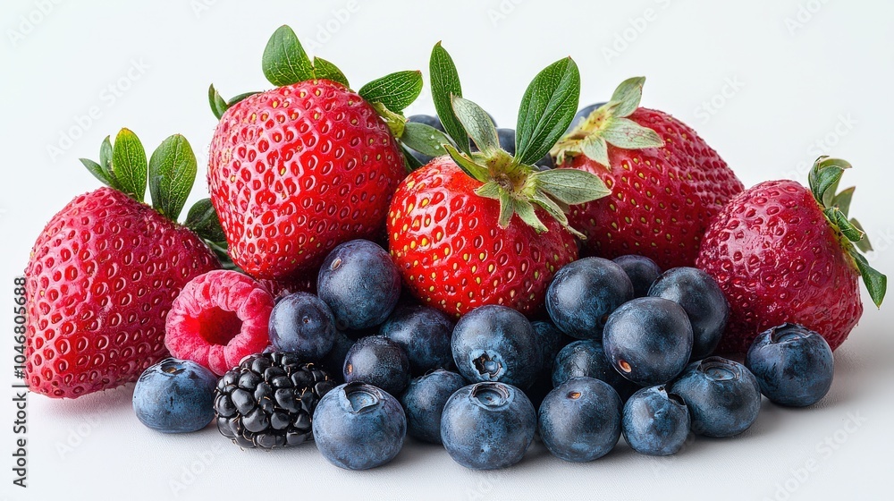 A captivating shot of assorted berries, including strawberries and blueberries, elegantly arranged on a white background, symbolizing the beauty of fresh, nutritious food. A captivating shot of assorted berries, including strawberries and blueberries, elegantly arranged on a white background, symbolizing the beauty of fresh, nutritious food.