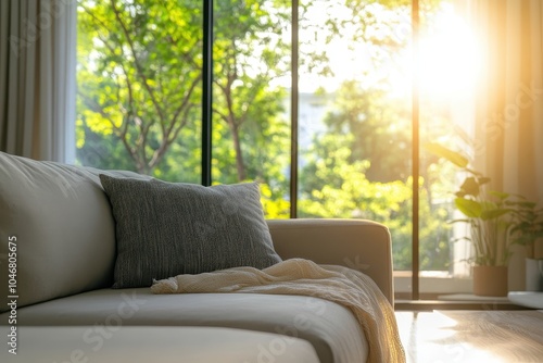 A comfortable couch with pillows and a blanket in a living room with large windows overlooking a lush green garden. The sun shines through the windows, casting a warm glow on the room.