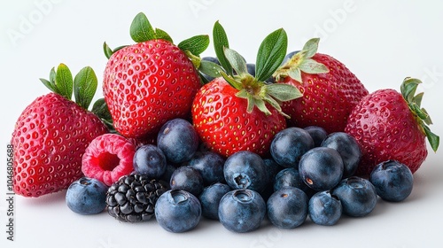 A captivating shot of assorted berries, including strawberries and blueberries, elegantly arranged on a white background, symbolizing the beauty of fresh, nutritious food.