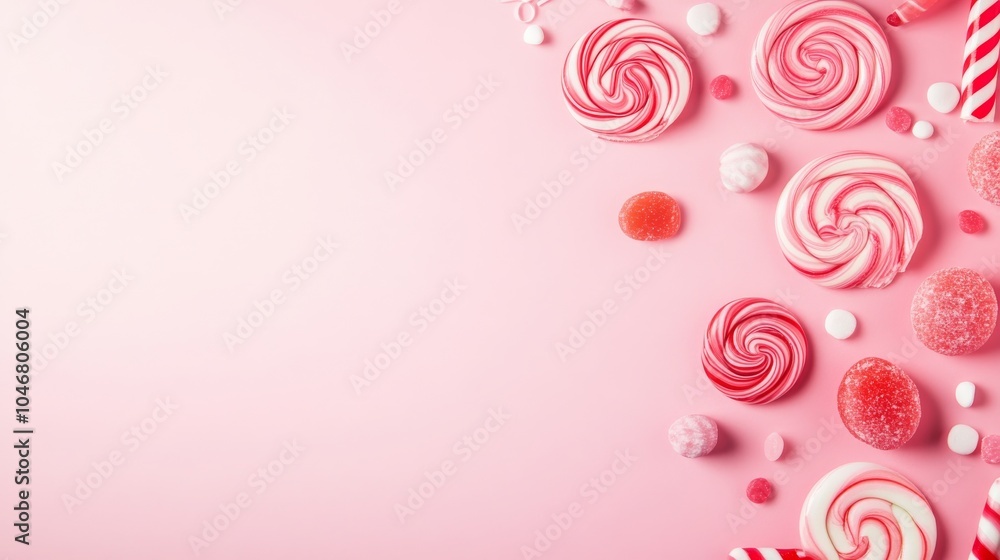 Photo of, Pink background with swirling lollipops and candies for design, banner template Photo of, Pink background with swirling lollipops and candies for design, banner template