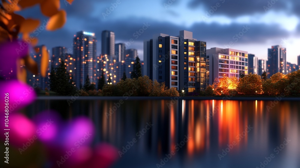Naklejka premium Cityscape with buildings reflected in a lake at dusk.