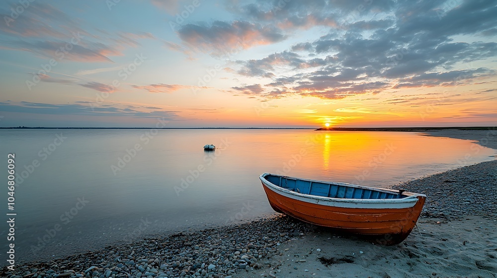 Naklejka premium Vibrant Sunset over a Tranquil Beach with a Lone Boat Floating on the Calm Reflective Waters and Soft Waves Lapping the Serene Shore