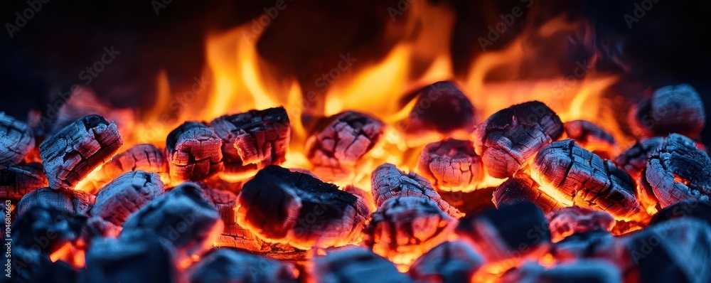 Glowing coals in barbecue grill pit, flames rising from hot briquettes close up, focus on, copy space, warm ember tones, Double exposure silhouette with outdoor heat Glowing coals in barbecue grill pit, flames rising from hot briquettes close up, focus on, copy space, warm ember tones, Double exposure silhouette with outdoor heat