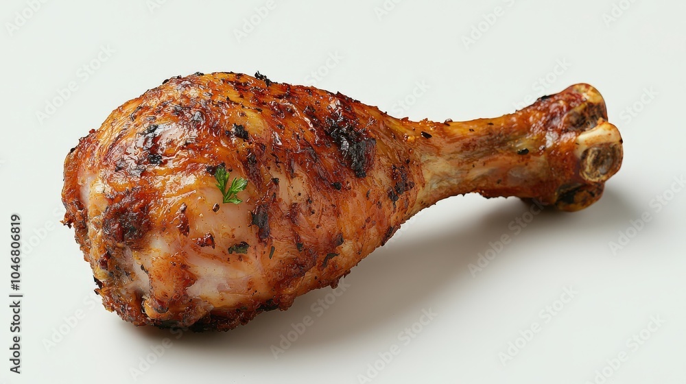 A clean white background featuring a single chicken drumstick, emphasizing its juicy appearance and inviting texture, ideal for fresh food visuals. A clean white background featuring a single chicken drumstick, emphasizing its juicy appearance and inviting texture, ideal for fresh food visuals.
