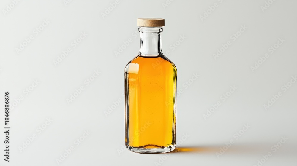 A clear glass bottle of cold-pressed coconut seed oil, showcased on a pristine white background with a minimalist touch. A clear glass bottle of cold-pressed coconut seed oil, showcased on a pristine white background with a minimalist touch.