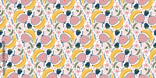 Vivid seamless pattern featuring bananas, figs, blackberries, white strawberries, pink flowers, and green leaves. Designed in a modern, organic vector style with flat colors and a playful, youthful