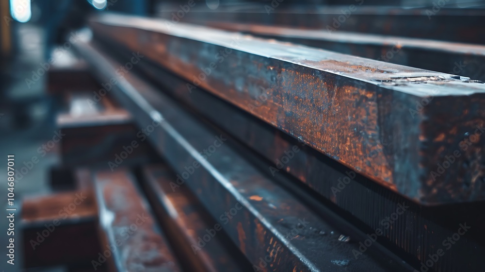 Rusted metal beams stacked in a warehouse. The beams are various shades of orange and brown, with some areas of black. Rusted metal beams stacked in a warehouse. The beams are various shades of orange and brown, with some areas of black.