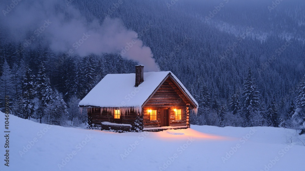 Cozy mountain retreat with golden windows in winter forest Cozy mountain retreat with golden windows in winter forest