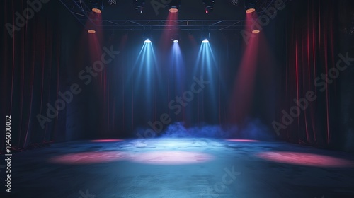 The stage is set for the performance. The red curtains are drawn back  revealing a dark and empty stage.