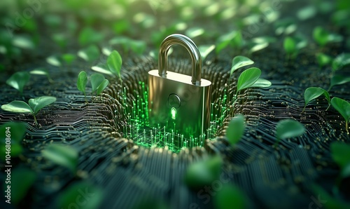 Silver padlock glowing on a circuit board with green plants growing around, representing eco-security
