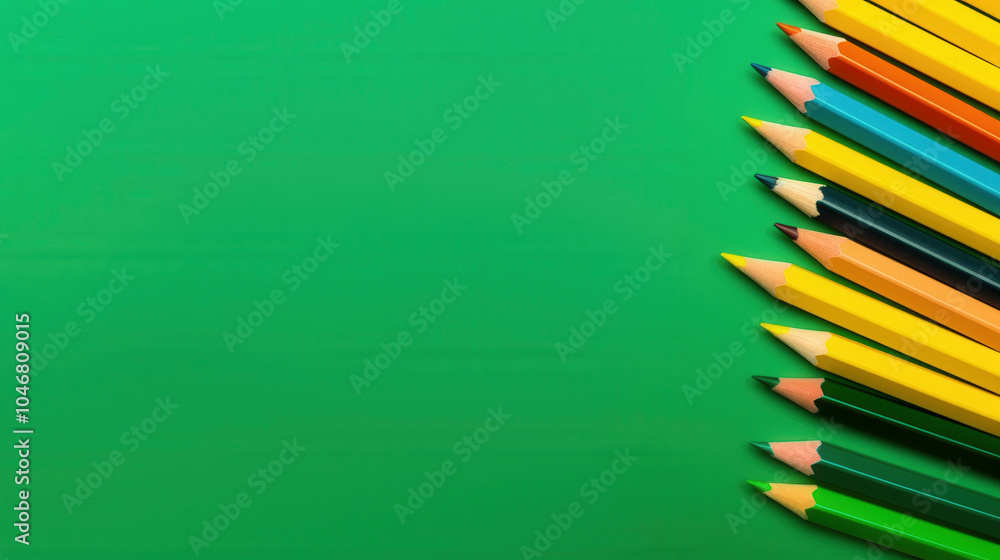 Colored pencils line a green surface Colored pencils line a green surface