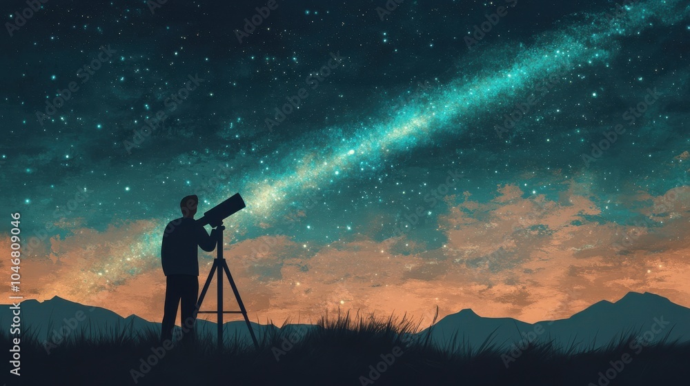 Newton Observing Comet Through Telescope at Dusk Newton Observing Comet Through Telescope at Dusk