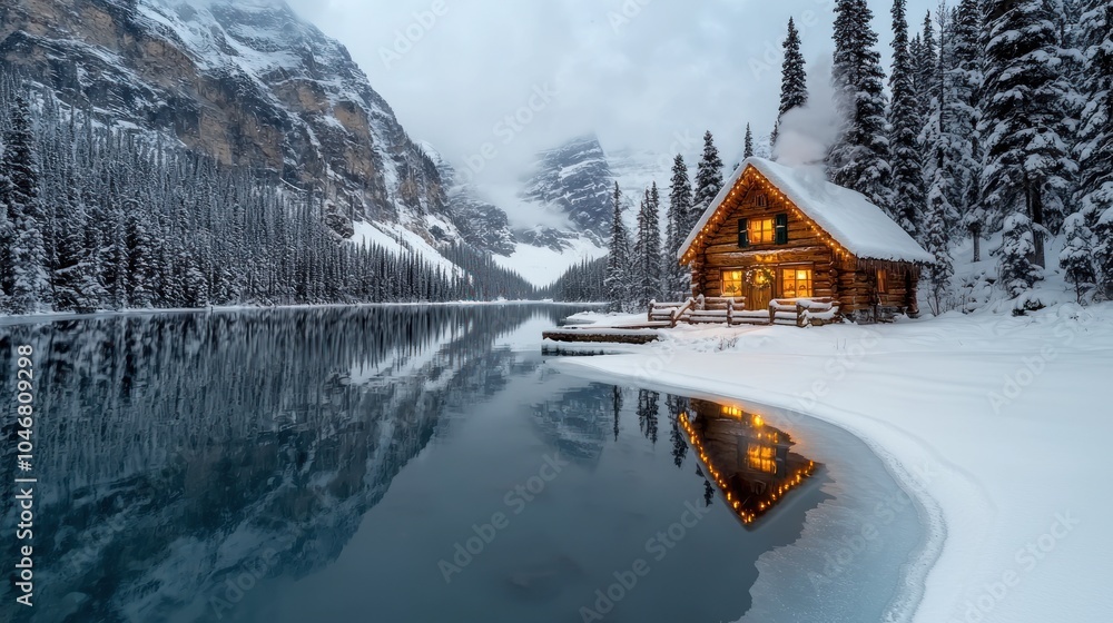 Fototapeta premium Cozy Cabin by Snowy Lake in Winter Wonderland