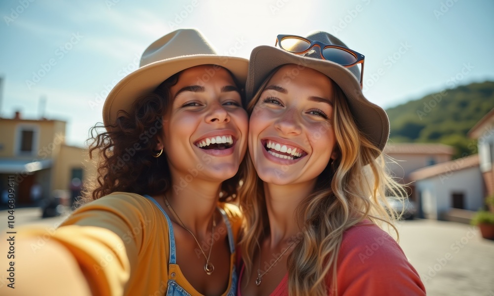 Two friends are enjoying a sunny day outdoors, capturing a joyful moment as they smile for a selfie against a vibrant backdrop filled with greenery and bright sunlight. Two friends are enjoying a sunny day outdoors, capturing a joyful moment as they smile for a selfie against a vibrant backdrop filled with greenery and bright sunlight.