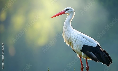 A stork stands gracefully on green grass in soft light.
