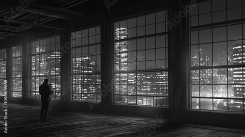 Image of a man looking out of a window in the middle of a plane with a city full of lights. 