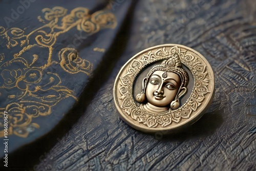 This silver coin showcases the figure of Lakshmi, symbolizing wealth and fortune in Indian culture photo