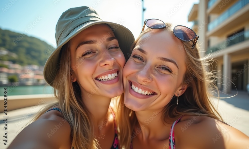 Two women in fashionable hats are enjoying a sunny day together, capturing a fun selfie that reflects their stylish personalities and the joy of their friendship in nature. Two women in fashionable hats are enjoying a sunny day together, capturing a fun selfie that reflects their stylish personalities and the joy of their friendship in nature.