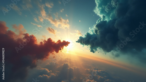 Opposing forces clash in the vast expanse of the open sky with opposing directions and intentions.