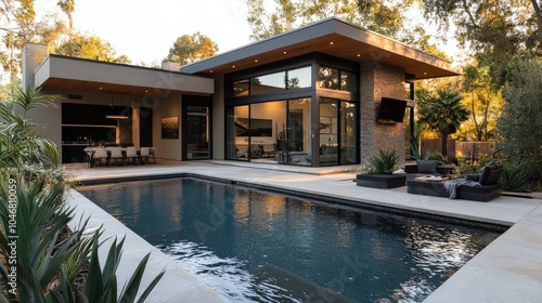 Wallpaper Mural A contemporary backyard with a streamlined pool, modern planters, and easy-care plants, blending indoor-outdoor living effortlessly. Torontodigital.ca