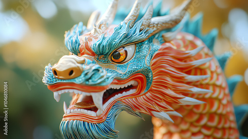 A vibrant close-up of a traditional dragon sculpture showcasing intricate details and bright colors, symbolizing strength and power.