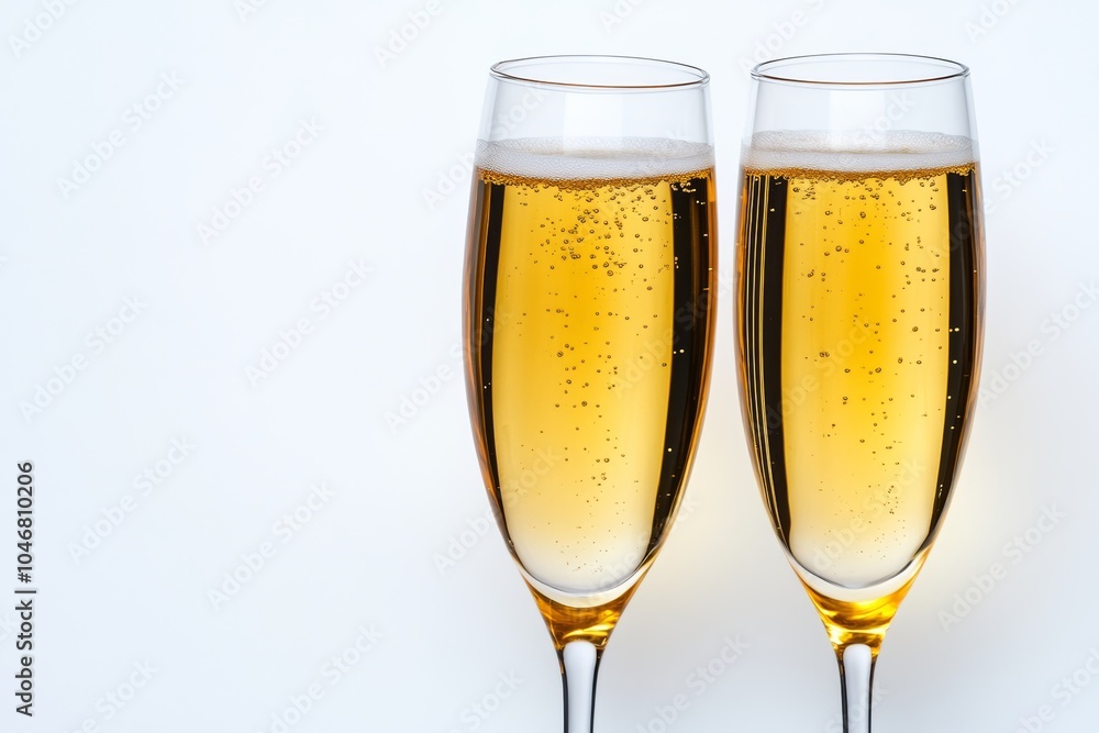 Two champagne glasses filled with bubbles on a white background. The glasses are almost empty, but the bubbles are still present. Happy New Year 2025 Two champagne glasses filled with bubbles on a white background. The glasses are almost empty, but the bubbles are still present. Happy New Year 2025