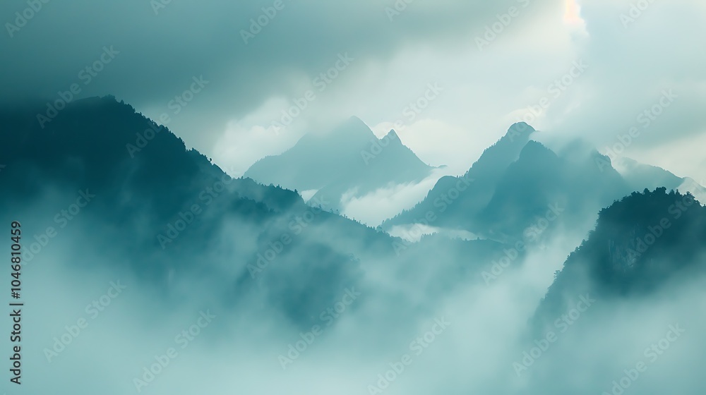 This is a beautiful landscape photograph of a mountain range. The mountains are covered in mist, which gives the image a soft, ethereal feel.