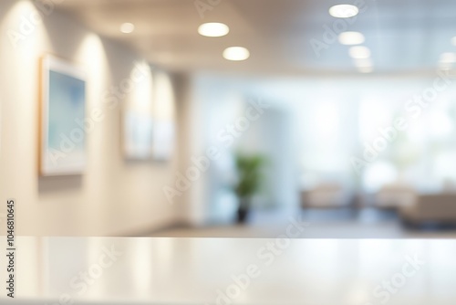 Blurred background of a modern office hallway with white table in the foreground.