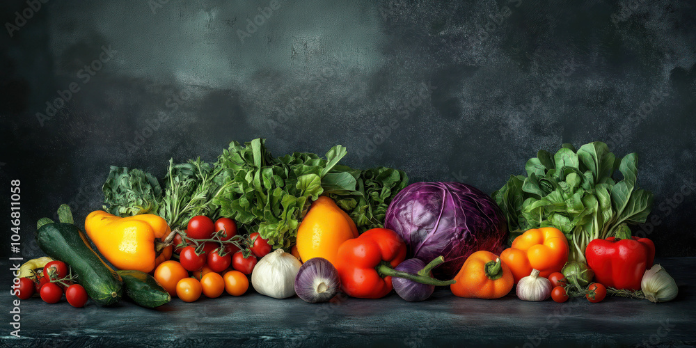 Vibrant array of fresh vegetables: healthy, organic produce against dark rustic background Vibrant array of fresh vegetables: healthy, organic produce against dark rustic background