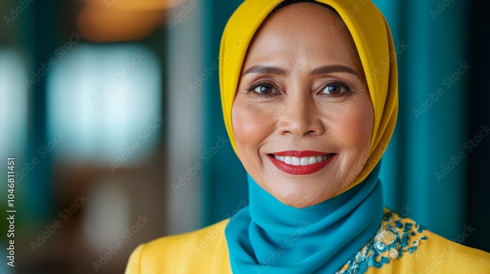 Woman wearing a yellow hijab and a blue scarf is smiling. She is ...