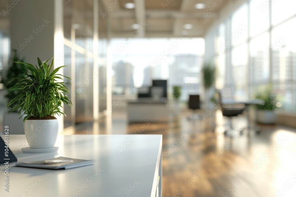 A close up of a white desk in a modern office with a plant, a tablet, and a notepad. The background is blurred and shows a city skyline. A close up of a white desk in a modern office with a plant, a tablet, and a notepad. The background is blurred and shows a city skyline.