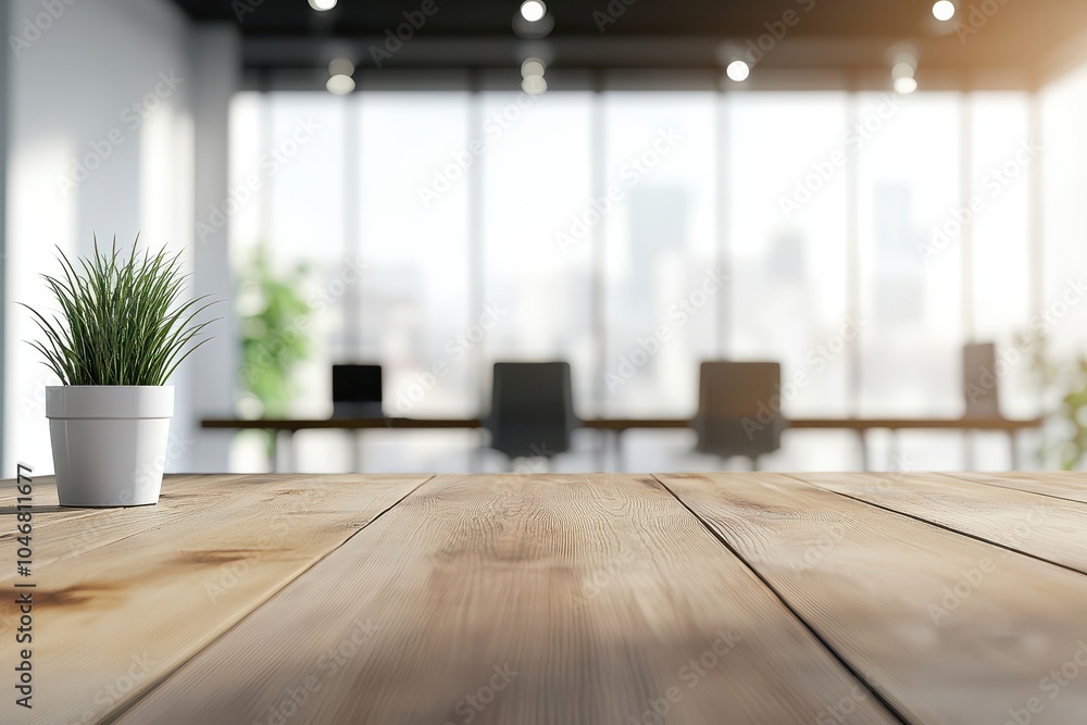 Empty wooden desk in modern office with blurry background of chairs, table and city view through window. Empty wooden desk in modern office with blurry background of chairs, table and city view through window.
