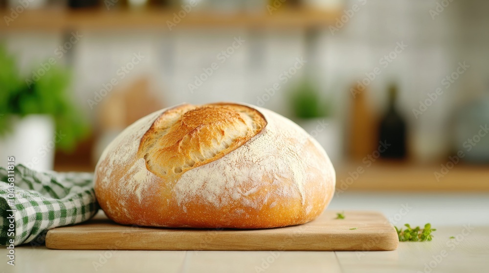 Rustic Bread Loaf with Cracked Crust on a Wooden Board Rustic Bread Loaf with Cracked Crust on a Wooden Board