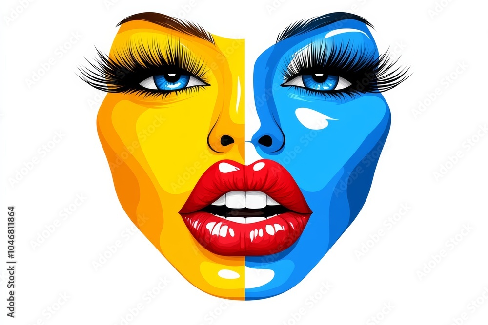 Woman's face is painted with bright colors, bold lines. work of art that showcases beauty of makeup, creativity of the artist. The colors and shapes used in the painting create a sense of energy Woman's face is painted with bright colors, bold lines. work of art that showcases beauty of makeup, creativity of the artist. The colors and shapes used in the painting create a sense of energy